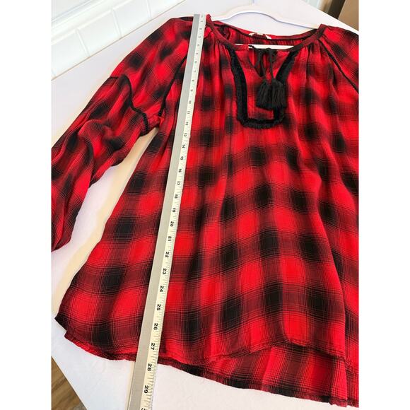 reCreation Womans XL Red Buffalo Plaid Crochet Velour Tassel Balloon Sleeve Top - Picture 9 of 11